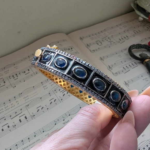 Gold-Tone Blue Sapphire Halo Bangle Bracelet - Picture 3 of 12
